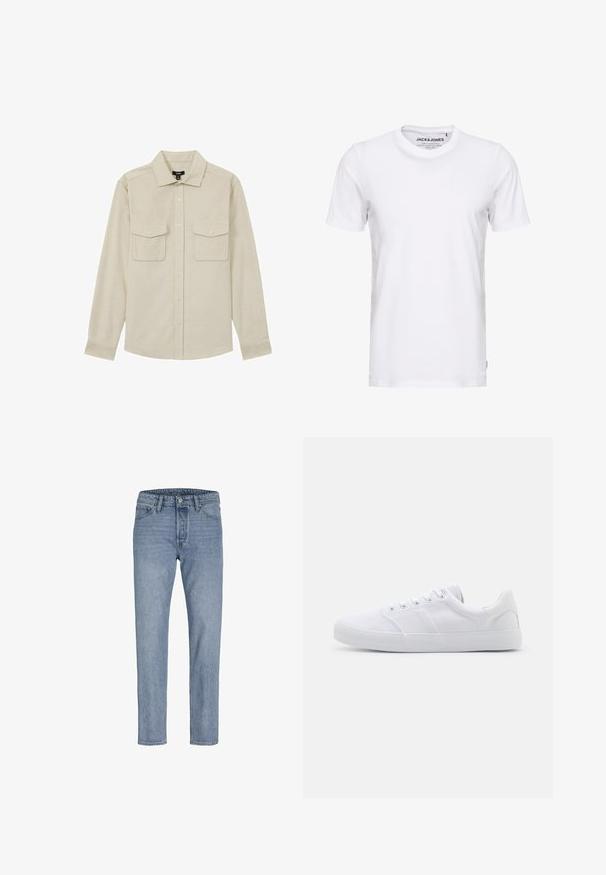 Lys beige skjorte lavet af bomuld, med knaplukning fortil, to brystlommer og lange ærmer med knapmanchetter.; Hvid t-shirt med korte ærmer lavet af bomuld, med en rund hals og et enkelt design. Brandtag synlig på halsområdet. Ingen mønstre eller accenter.; Lysblå denimbukser med lige ben, fem lomme-design, syninger og knaplukning i taljen.; Hvide lærreds sneakers med gummisål, der har seks snørehuller, en struktureret tåkap og et minimalistisk design.