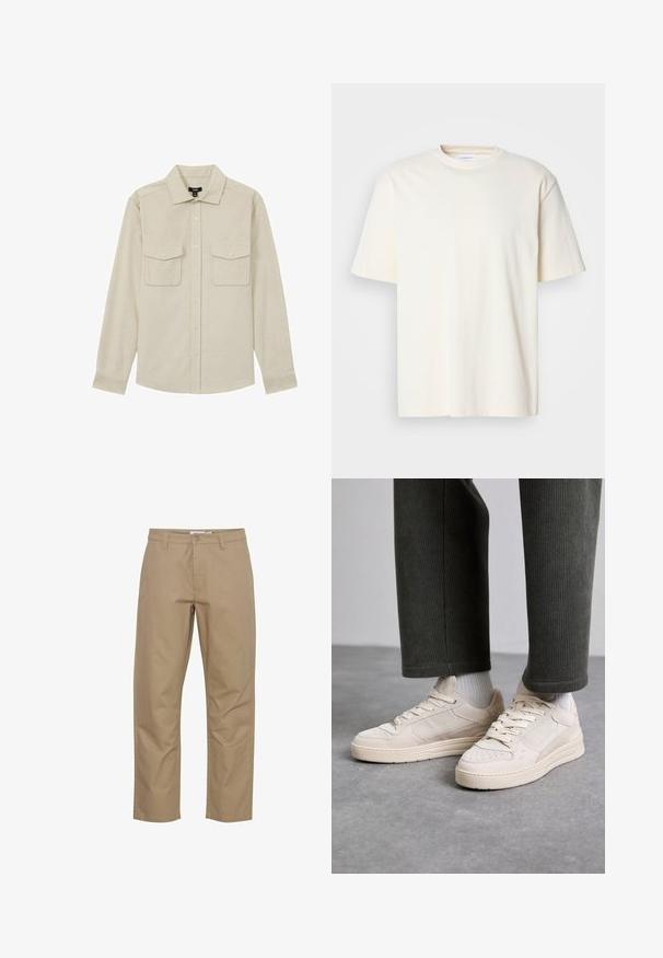 Lichtbeige shirt van katoen, met een knoopsluiting aan de voorkant, twee borstzakken en lange mouwen met knoopsluiting.; Effen off-white T-shirt met korte mouwen en ronde hals, unisex ontwerp, weergegeven op een neutrale grijze achtergrond.; Beige katoenen broek met een rechte pijp, voorzien van een knoop- en ritsluiting aan de voorkant, zijzakken en een nette afwerking.; Beige sneakers van suede en mesh, met geperforeerde accenten, platte veters en een dikke zool. Dragen met groene corduroy broek.