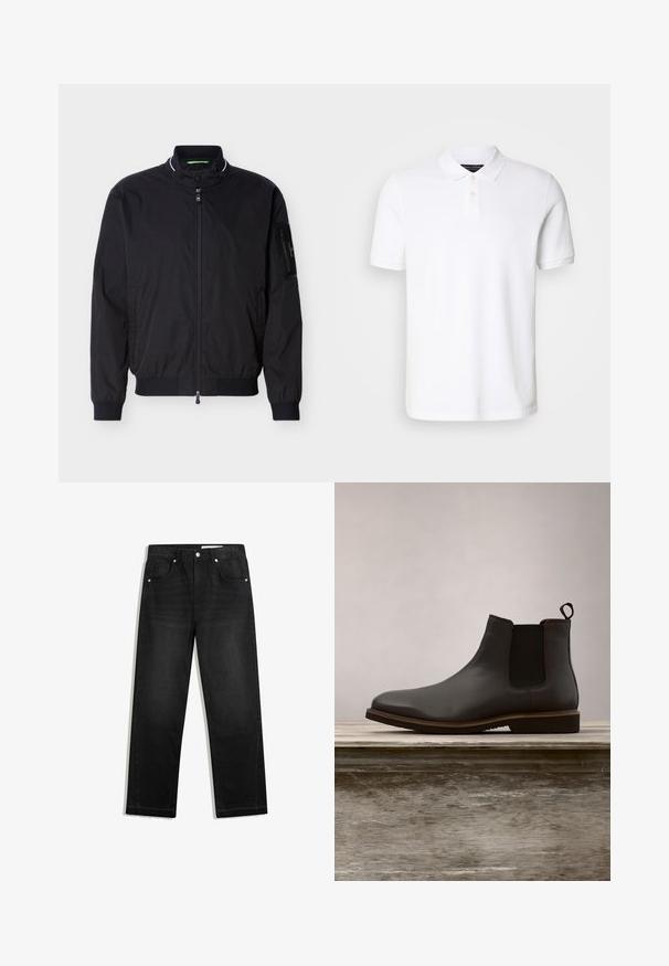 Schwarze Bomberjacke mit Reißverschluss, hohem Kragen, gerippten Bündchen und Saum sowie einer Reißverschlusstasche am linken Ärmel.; Weißes Polohemd aus Baumwolle. Verfügt über einen klassischen Kragen, eine Drei-Knopf-Leiste und kurze Ärmel. Dezentes Logo auf der Brust gestickt.; Schwarze Denim-Jeans mit geradem Bein, fünf Tasche-Design, kontrastierenden Beschlägen und rohem Saumdetail am unteren Ende.; Schwarze Leder Chelsea-Stiefel mit elastischen Seiteneinsätzen und runder Zehenform, ausgestattet mit einer strukturierten Sohle und subtilen Steppnähten, erhöht über einer Holzoberfläche.