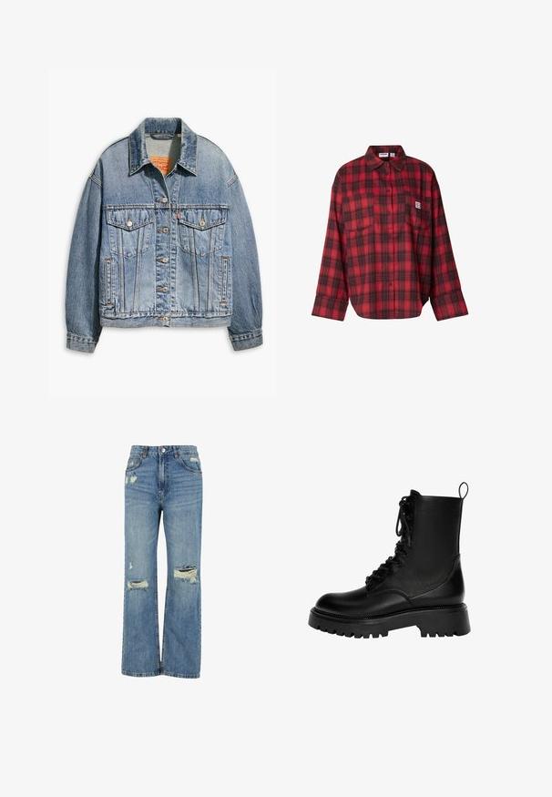 Veste en denim bleu clair avec un devant à boutons classique, deux poches poitrine, coupe oversize et des coutures orange contrastées.; Chemise en flanelle à carreaux rouges et noirs, manches longues, fermeture à boutons, deux poches poitrine, texture douce, coupe décontractée, motif rectangulaire.; Jean en denim bleu clair avec une taille haute, coupe large, déchirures effilochées au niveau des genoux et design classique à cinq poches.; Botte de cheville noire à lacets en cuir synthétique, dotée d'une semelle épaisse, d'une languette et de détails de couture prononcés.