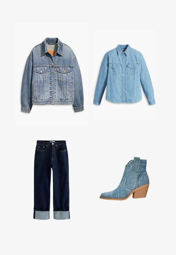 Hellblaues Jeansjacken mit klassischem Knopfverschluss, zwei Brusttaschen, oversize Passform und kontrastierenden orangen Nähten.; Helles blaues Denimhemd mit langen Ärmeln, spitzem Kragen, zwei Brusttaschen, Knopfleiste und subtiler Struktur. Keine sichtbaren Muster.; Dunkelblaue Denim-Jeans mit umgekrempelten Säumen, Fünf-Taschen-Stil, sichtbaren Nähten und Knopfverschluss an der Taille.; Blaue Denim-Ankle-Boots mit spitzer Zehenform, distressed Textur und einem blockartigen Holzabsatz. Verfügt über seitliche Schlaufen für ein einfaches Anziehen.