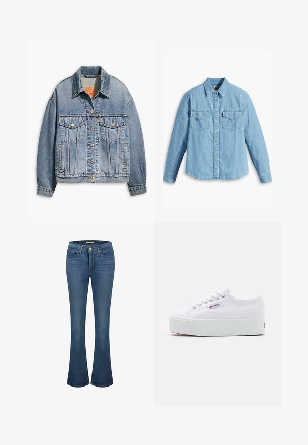 Lyseblå denimjakke med klassisk knaplukning foran, to brystlommer, oversized pasform og kontrastfarvet orange syning.; Lyseblå denimskjorte med lange ærmer, spidse krave, to brystlommer, knaplukning og subtil tekstur. Ingen synlige mønstre.; Blå denim flare jeans med en mid-rise talje, har stikninger, to frontlommer og en baglomme.; Hvide canvas sneakers med en tyk hvid platformssål, rund tå og metaløjelets til snørebånd. Mærkets logo præsenteret på siden.