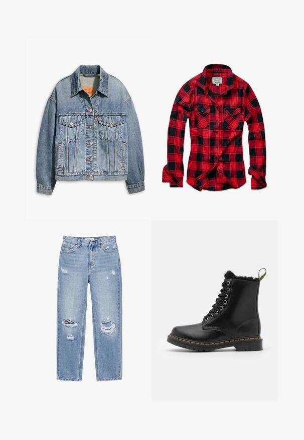 Veste en denim bleu clair avec un devant à boutons classique, deux poches poitrine, coupe oversize et des coutures orange contrastées.; Chemise en flanelle à carreaux rouges et noirs, à manches longues, avec deux poches poitrine, un col pointu et une fermeture à boutons sur le devant. Tissu doux au toucher.; Jean droit bleu clair avec des trous usés sur les deux jambes, style cinq poches, et fermeture par bouton à la taille.; Bottines en cuir noir avec un bout rond, doublure en fourrure, œillets en argent et coutures jaunes le long de la semelle. Semelle extérieure en caoutchouc robuste.