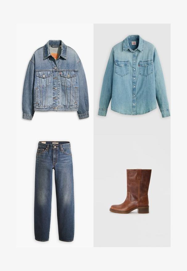 Veste en denim bleu clair avec un devant à boutons classique, deux poches poitrine, coupe oversize et des coutures orange contrastées.; Chemise en denim bleu clair avec un col classique, une fermeture à boutons sur le devant, deux poches poitrine, des poignets boutonnés et un ourlet légèrement arrondi.; Jean en denim bleu foncé avec une coupe droite, doté de cinq poches, de rivets en cuivre et d'un léger délavage sur les cuisses.; Botte en cuir marron, haut jusqu'au genou, avec un bout arrondi, un panneau latéral contrastant et un petit talon carré. Comprend une languette à l'arrière et des clous en métal.