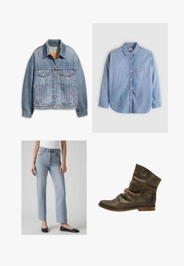 Veste en denim bleu clair avec un devant à boutons classique, deux poches poitrine, coupe oversize et des coutures orange contrastées.; Chemise en denim bleu clair avec col boutonné, poche avant et manches longues. Caractérisée par un ourlet arrondi et une texture subtile.; Femme portant un jean bleu clair taille haute avec des jambes droites et des ballerines noires, debout devant un fond clair uni.; Bottine en cuir marron avec un design décontracté, présentant une texture subtile, un bout rond et une semelle plate avec un petit logo sur le talon.