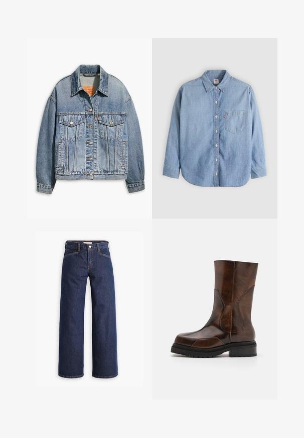 Lyseblå denimjakke med klassisk knaplukning foran, to brystlommer, oversized pasform og kontrastfarvet orange syning.; Lyseblå denimskjorte med button-down-krave, forlompe og lange ærmer. Har en buet kant og en subtil tekstur.; Mørkeblå denim jeans med høj talje, bred benklipp og diskret orange syninger. Har knap- og lynlåslukning foran.; ECKHAUS LATTA STACKED BOOT - Plateaustøvler - dark brown