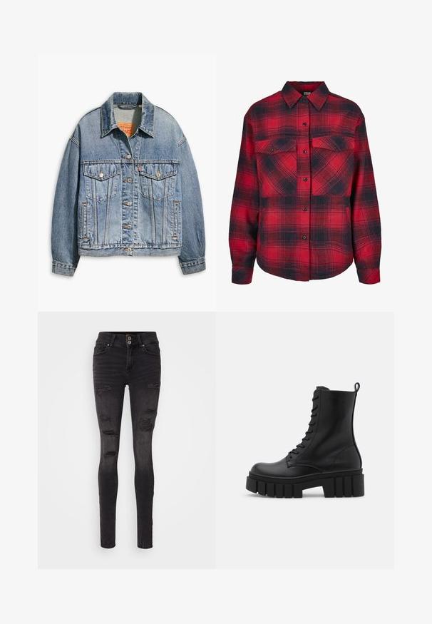 Lyseblå denimjakke med klassisk knaplukning foran, to brystlommer, oversized pasform og kontrastfarvet orange syning.; Rød og sort ternet flannel skjorte med knaplukning foran, to brystlommer og lange ærmer med knapmanchetter. Teksturere stof.; Sorte skinny jeans lavet af denim med et distressed design, der har flere rifter og en tætsiddende silhuet. Dobbeltknap lukning i taljen.; Sort læderankelstøvle med kraftig, rillede sål, snørebånd foran og løftestrop på glat hvid baggrund.