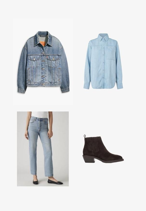 Lichtblauwe spijkerjacket met een klassieke knoopsluiting aan de voorkant, twee borstzakken, oversized pasvorm en contrasterende oranje stiksel.; Lichtblauwe denim overhemd met lange mouwen, knoopsluiting aan de voorkant, puntige kraag, enkele borstzak en subtiele verticale stiklijn details.; Vrouw draagt lichtblauwe high-waist jeans met rechte pijpen en zwarte ballerina's, staand tegen een effen lichte achtergrond.; Bruine suède enkellaars met een lage, gestapelde hak, voorzien van elastische zijpanelen, getextureerde verticale naden en een lusvormige trekhaak aan de achterkant.