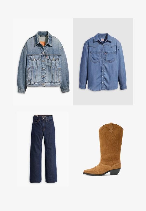 Lyseblå denimjakke med klassisk knaplukning foran, to brystlommer, oversized pasform og kontrastfarvet orange syning.; Lyseblå denimskjorte med spidst krave, to brystlommer og trykknapper. Har et western-inspireret stykke på skuldrene.; Mørkeblå straight-leg denim jeans med fem lommer, orange syninger og knaplukning.; Brune ruskinds cowboystøvle med spids tå, buet topkant, dekorativ søm og en lav stablet hæl. Den strukturerede overflade har blomstermønstre.