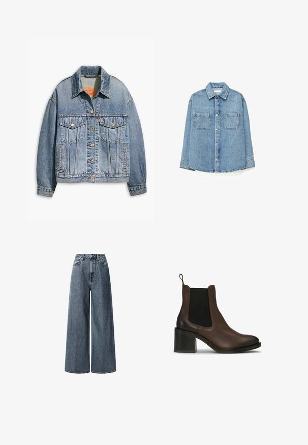 Hellblaues Jeansjacken mit klassischem Knopfverschluss, zwei Brusttaschen, oversize Passform und kontrastierenden orangen Nähten.; Hellblaues Jeanshemd mit Knöpfen, zwei Brusttaschen und langen Ärmeln, auf weißem Hintergrund dargestellt.; Weite, hoch geschnittene Jeans in dunkelblauem Denim. Mit klassischen Fronttaschen, Gürtelschlaufen und einem Reißverschluss mit Metallknopf.; Braune Leder-Stiefeletten mit elastischen Seitenteilen, einem Blockabsatz, glatter Textur und einer Zuglasche für einfaches An- und Ausziehen.