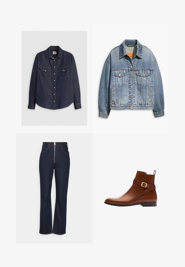 Hellblaues Jeansjacken mit klassischem Knopfverschluss, zwei Brusttaschen, oversize Passform und kontrastierenden orangen Nähten.; Dunkelblaues Denim-Hemd mit langen Ärmeln, knöpfbarem Frontverschluss, zwei Brusttaschen mit Klappen und kontrastierendem gelben Stich.; FRAME HIGH EXPOSED ZIP - Jeans Straight Leg - dark blue; Brauner Leder-Stiefel mit Knöchelriemen, seitlicher Schnalle, schlanker Form, glatter Textur und niedrigem Blockabsatz.