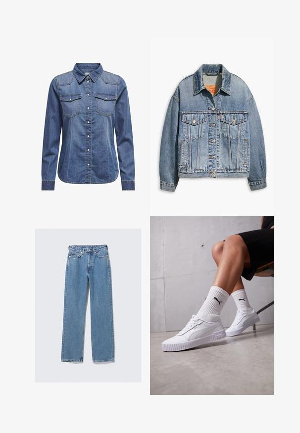 Hele sinine teksajakk klassikalise nööbiga esiosa, kahe rinna taskuga, liialdatud lõikega ja kontrastsete oranžide õmblustega.; Tumedates denim särk, millel on kaelus, pikad varrukad, kahekordsed rinnataskud ja kontrastsed õmblused.; Sinised kõrge vöökohaga sirge säärega teksad, ees nööbi ja tõmblukuga, vööaasade ja viie taskuga, ühtlase hele taustaga.; Valged snikerdid siledast sünteetilisest materjalist ülemise osaga, struktureeritud talla ja tekstuursete aktsentidega. Kandas valgeid ribakudumisest sokke, millel on väike logo.