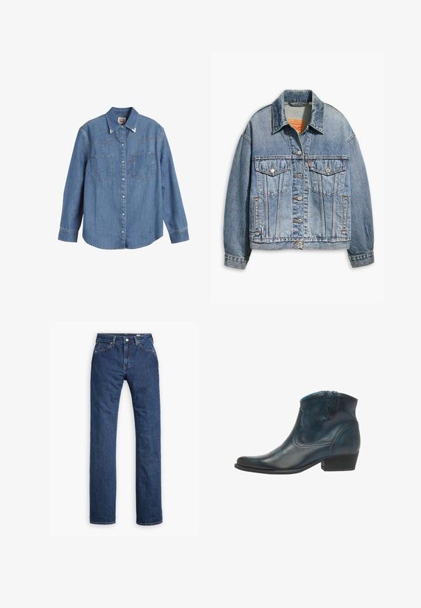 Lyseblå denimjakke med klassisk knaplukning foran, to brystlommer, oversized pasform og kontrastfarvet orange syning.; Lys blå denimskjorte med lange ærmer, spids krave, to brystlommer og kontraststing. Har et western-inspireret yoke-design.; Levi's® MOJ MIJ PLANK STRAIGHT - Jeans Straight Leg - stems; Cowboy ankel støvler lavet af mørkeblåt læder, med spidse tæer, buede detaljer og en lav, stablet hæl med subtile syninger.