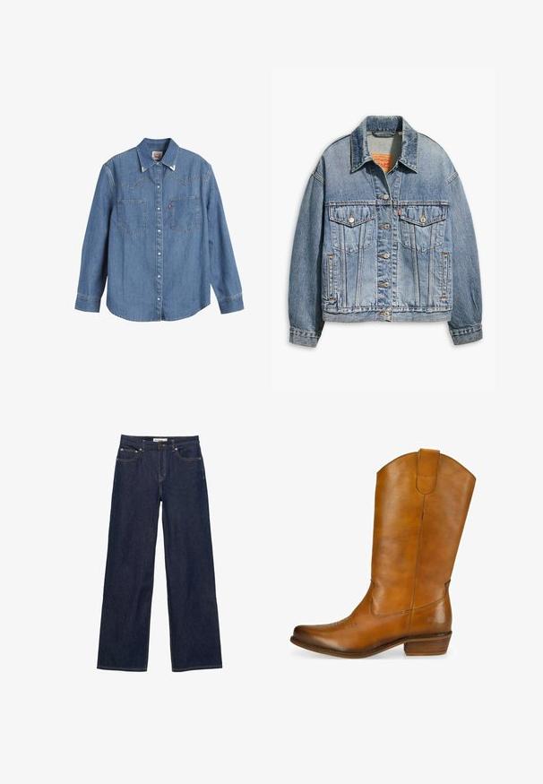 Lyseblå denimjakke med klassisk knaplukning foran, to brystlommer, oversized pasform og kontrastfarvet orange syning.; Lys blå denimskjorte med lange ærmer, spids krave, to brystlommer og kontraststing. Har et western-inspireret yoke-design.; Mørkeblå denim jeans med brede, lige ben, forlommer og lukning med knap og lynlås.; Brune læder cowboystøvle med en glat overflade, bøjet top, dekorativ broderi på tåen og en lav stablet hæl. Brun accentlogo på siden.