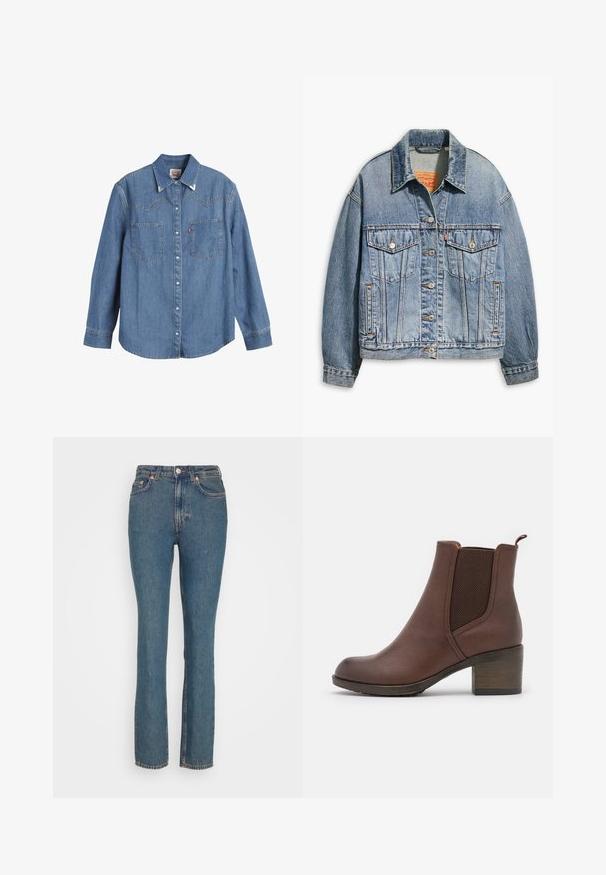 Hellblaues Jeansjacken mit klassischem Knopfverschluss, zwei Brusttaschen, oversize Passform und kontrastierenden orangen Nähten.; Hellblaues Denim-Hemd mit langen Ärmeln, spitzem Kragen, zwei Brusttaschen und kontrastierenden Nähten. Verfügt über ein Design mit Westernstil-Yoke.; Weekday CITY HIGH SLIM - Jeans Slim Fit - lapis blue; Braune Leder-Ankle Boots mit glatter Oberfläche, elastischen Seitenblenden, abgerundeter Zehenpartie und moderatem Holzabsatz.