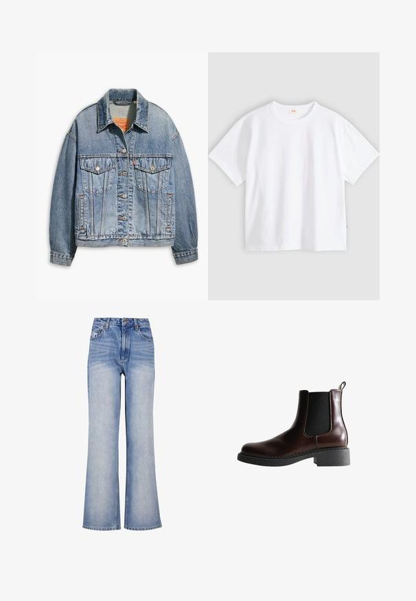 Lyseblå denimjakke med klassisk knaplukning foran, to brystlommer, oversized pasform og kontrastfarvet orange syning.; Hvid bomuld t-shirt med korte ærmer, rund hals, afslappet pasform, glat tekstur og en lille logolabel på venstre sidesøm.; Lys blå denim bred-benede jeans har høj talje, knaplukning, diskret slidmærker og et klassisk fem-lomme design.; Brune læder ankelstøvle med elastiske sidepaneler, rund tå og en struktureret sort gummisål. Har kontrasterende syninger og en trækflap.