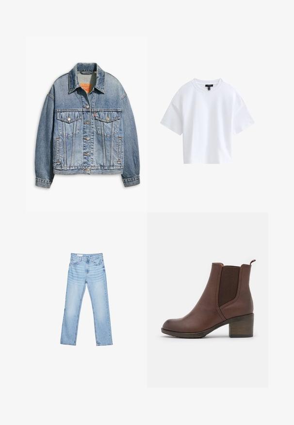 Lichtblauwe spijkerjacket met een klassieke knoopsluiting aan de voorkant, twee borstzakken, oversized pasvorm en contrasterende oranje stiksel.; Effen witte cropped T-shirt met korte mouwen, een ronde hals en een zwart merkembleem aan de binnenkant van de kraag.; Lichtblauwe denim jeans met een rechte snit, vijf-pocket ontwerp en zichtbare stiksels. Middenhoge taille met een klassieke knoop- en ritssluiting.; Bruine leren enkellaars met een gladde afwerking, elastische zijpanelen, een ronde neus en een gematigde houten hak.