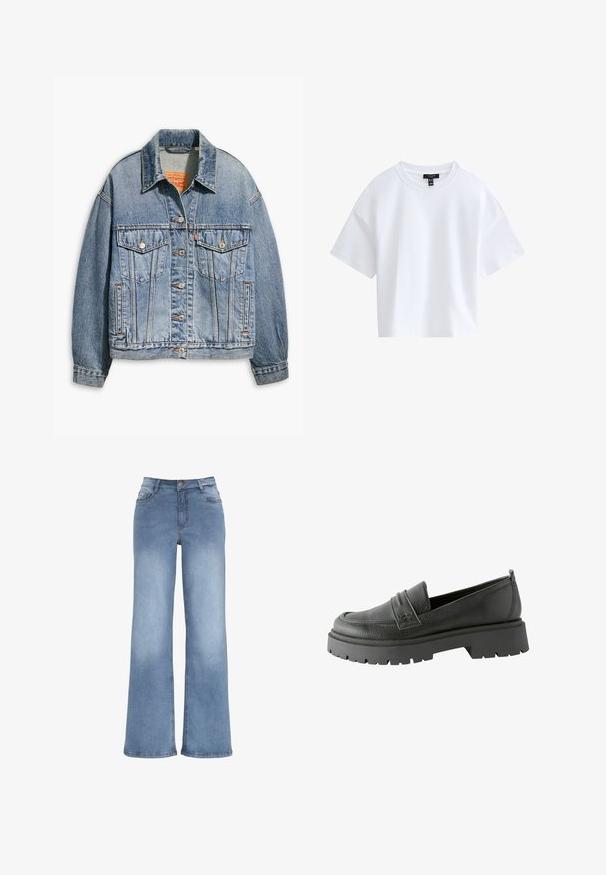 Lyseblå denimjakke med klassisk knaplukning foran, to brystlommer, oversized pasform og kontrastfarvet orange syning.; Simpel hvid kortærmet crop top med rund halsudskæring og sort mærke indeni kraven.; Lyseblå vidde jeans lavet af denim. Har en knaplukning, fem lommer og syninger i kontrast. Glat overflade med en let falma.; Sorte læder loafers med en tekstureret overflade, fremtrædende syning og en tykk sort gummisåle med mønster.