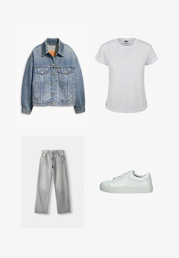 Hellblaues Jeansjacken mit klassischem Knopfverschluss, zwei Brusttaschen, oversize Passform und kontrastierenden orangen Nähten.; Weißes Baumwoll-T-Shirt mit klassischem Rundhalsausschnitt, kurzen Ärmeln und geradem Saum. Mit einem Etikett, auf dem "URBAN CLASSICS" in Schwarz steht.; Helle graue Jeans aus Denim mit geradem Bein, ausgestattet mit zwei vorderen Taschen, einem Knopfverschluss und subtilen Abnutzungen für Struktur.; Weiße Ledersneaker mit glatter Oberfläche, abgerundetem Zeh, flacher Gummisohle und sechs Ösen für Schnürsenkel. Minimalistisches Design ohne zusätzliche Akzente.