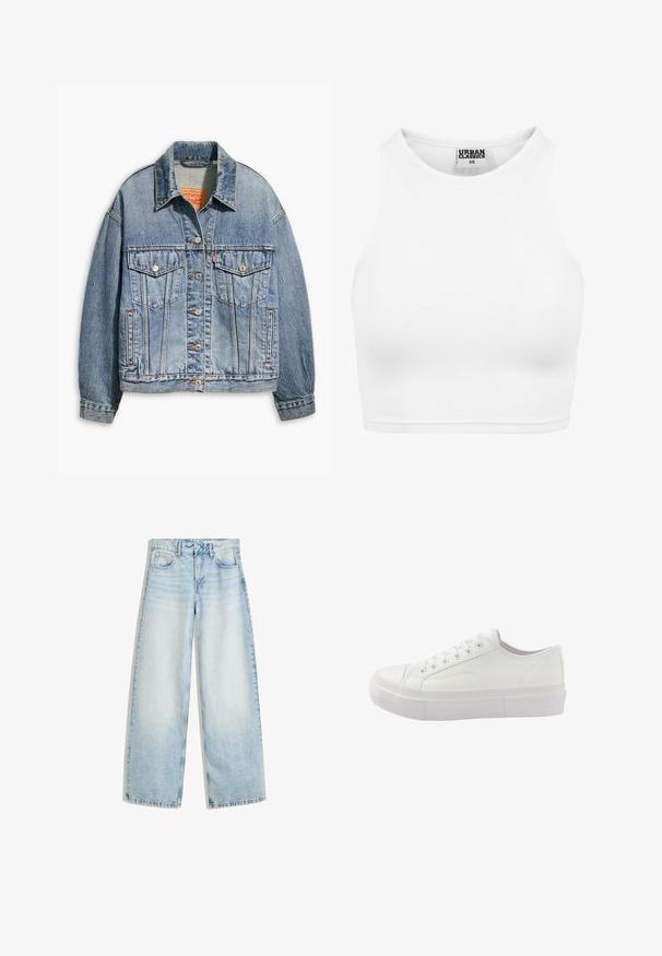 Lichtblauwe spijkerjacket met een klassieke knoopsluiting aan de voorkant, twee borstzakken, oversized pasvorm en contrasterende oranje stiksel.; Witte geribde cropped tanktop met hoge halslijn en "Urban Classics XS" label aan de binnenkant van de kraag.; Lichtblauwe denim wijde jeans met een hoge taille, vijf zakken, een knoopsluiting en een vervaagde afwerking. Heeft rechte, losse benen.; Witte lage sneaker met veters aan de voorkant, dikke rubberen zool en minimale stikdetails, gezien vanaf de buitenkant.