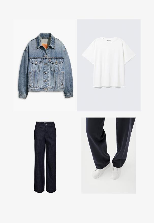 Hellblaues Jeansjacken mit klassischem Knopfverschluss, zwei Brusttaschen, oversize Passform und kontrastierenden orangen Nähten.; Weißes T-Shirt mit kurzen Ärmeln, Rundhalsausschnitt und entspanntem Schnitt mit einem "WEEKDAY" Etikett an der Innenseite des hinteren Halsbereichs.; Dunkelblaue Denim-Jeans mit geradem Bein, Knopf- und Reißverschluss, Gürtelschlaufen und sichtbaren Nahtdetails.; Weiße Sneakers mit strukturierten Gummisohlen und flachen Schnürsenkeln, kombiniert mit dunkeln, marineblauen Hosen aus lockerem, glattem Stoff und maßgeschneiderter Passform.