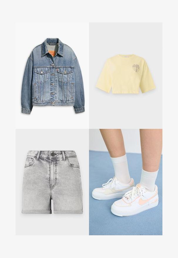 Lyseblå denimjakke med klassisk knaplukning foran, to brystlommer, oversized pasform og kontrastfarvet orange syning.; Lyst gul cropped T-shirt med brede korte ærmer og lille palmegrafik på venstre bryst.; Grå denim shorts med oprullede kanter, fem-lomme design og central knaplukning. Glat tekstur med subtile falmede detaljer.; Hvide sneakers med ferskenfarvede detaljer, glat læderoverdel, perforeret tå, struktureret sål og snørebånd. Båret med hvide ankelstrømper på en blå overflade.