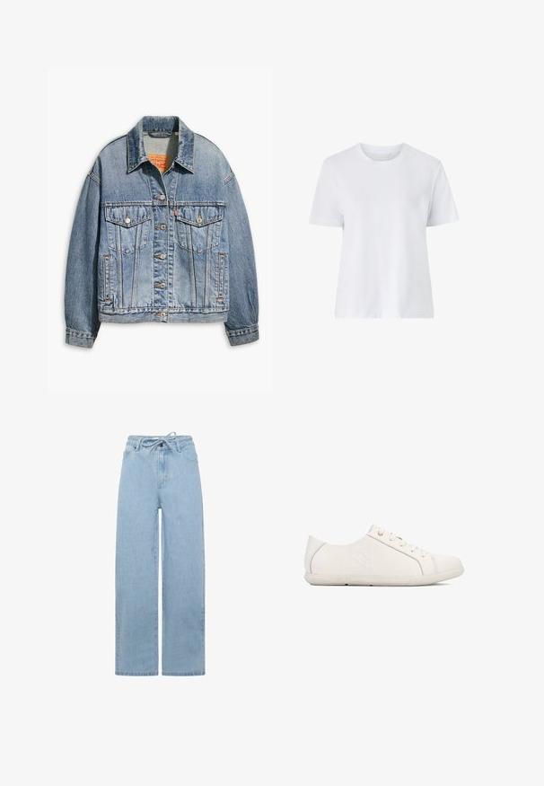 Lichtblauwe spijkerjacket met een klassieke knoopsluiting aan de voorkant, twee borstzakken, oversized pasvorm en contrasterende oranje stiksel.; Witte katoenen T-shirt met korte mouwen, ronde hals en een relaxte pasvorm. Gladde textuur zonder zichtbare patronen of accenten.; Lichtblauwe wijdvallende jeans gemaakt van denim, met een drawstring taille en een standaard vijfzakken ontwerp. De stof heeft een soepel textuur.; Witte sneakers met een gestructureerde afwerking, vetersluiting, ronde neus en merkopdruk aan de zijkant. Voorzien van subtiele stiksels en een rubberen zool.