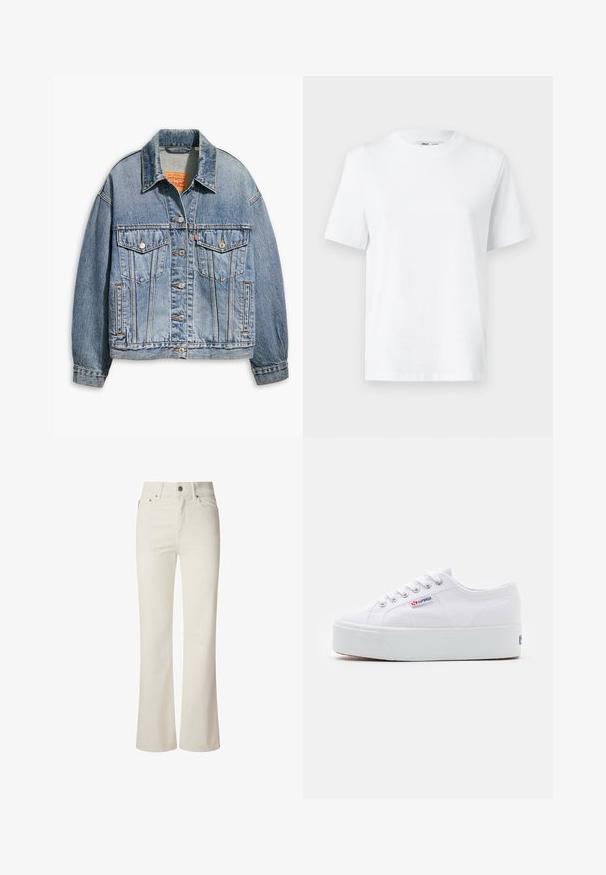 Lichtblauwe spijkerjacket met een klassieke knoopsluiting aan de voorkant, twee borstzakken, oversized pasvorm en contrasterende oranje stiksel.; Witte katoenen T-shirt met ronde hals, korte mouwen en een gladde textuur. Ontworpen met een comfortabele en veelzijdige relaxte pasvorm.; Witte flared jeans van denim. Heeft een hoge taille, vijf zakken en een metalen knoopsluiting. Glad oppervlak zonder zichtbare patronen.; Witte canvas sneaker met een dikke witte platformzool, ronde neus en metalen oogjes voor veters. Merkl logo aan de zijkant weergegeven.