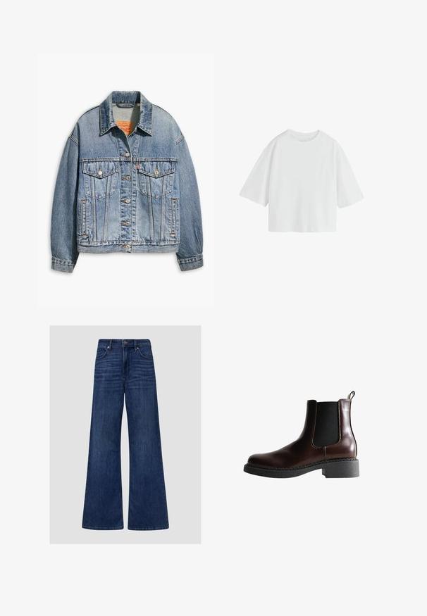 Veste en denim bleu clair avec un devant à boutons classique, deux poches poitrine, coupe oversize et des coutures orange contrastées.; T-shirt écru oversize à manches courtes, col rond et coupe ample.; Jean en denim bleu foncé à jambes larges avec poches avant et arrière, passants de ceinture et fermeture par bouton et zip.; Bottine en cuir marron avec des panneaux élastiques sur les côtés, bout rond et semelle en caoutchouc noir texturé. Comprend des coutures contrastées et une languette.
