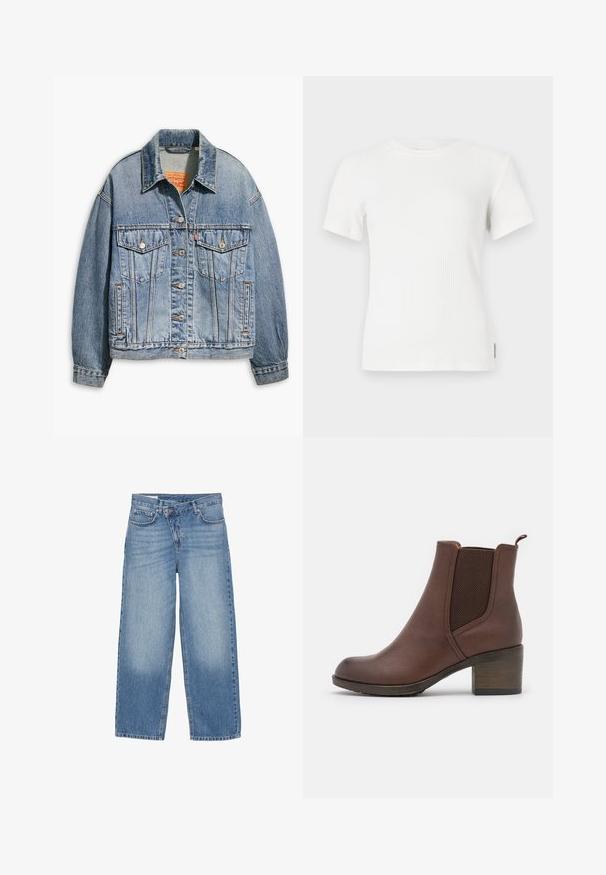 Veste en denim bleu clair avec un devant à boutons classique, deux poches poitrine, coupe oversize et des coutures orange contrastées.; T-shirt à manches courtes côtelé blanc avec un col rond. Texture douce, design ajusté et détails de couture minimalistes.; Jean large jambe bleu clair en denim ; comporte un design classique à cinq poches, une braguette à fermeture éclair et un léger délavage au niveau des genoux.; Bottine en cuir marron, avec une finition lisse, des panneaux latéraux élastiques, un bout arrondi et un talon en bois modéré.