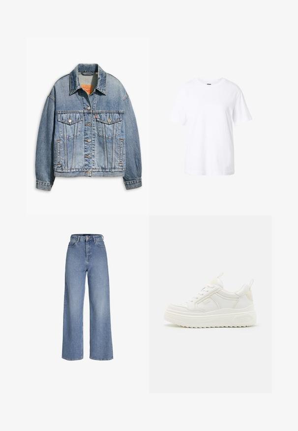 Lyseblå denimjakke med klassisk knaplukning foran, to brystlommer, oversized pasform og kontrastfarvet orange syning.; Enkelt hvid t-shirt med korte ærmer og rund hals, afslappet pasform og lille label inde i kraven.; Højtaljede lyseblå cowboybukser med vide ben, foran knap- og lynlåslukning samt fem-lomme-design.; Hvide lædersneakers med en kraftig sål, snørebåndsdesign og subtil branding. Har en glat overflade og rund tå.