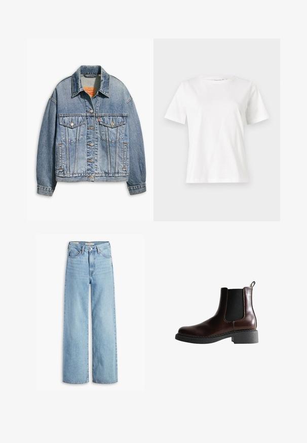 Hellblaues Jeansjacken mit klassischem Knopfverschluss, zwei Brusttaschen, oversize Passform und kontrastierenden orangen Nähten.; Weißes Baumwoll-T-Shirt mit kurzen Ärmeln, Rundhalsausschnitt und lockerer Passform. Glatte Textur, keine Muster oder Akzente, minimalistisches Design.; Hochgeschnittene, hellblaue Schlagjeans mit Frontknopf und Reißverschluss, Gürtelschlaufen und fünf Taschen.; Braune Leder-Boots mit elastischen Seitenteilen, runder Spitze und einer strukturierten schwarzen Gummisohle. Verfügt über kontrastierende Nähte und eine Ziehlasche.