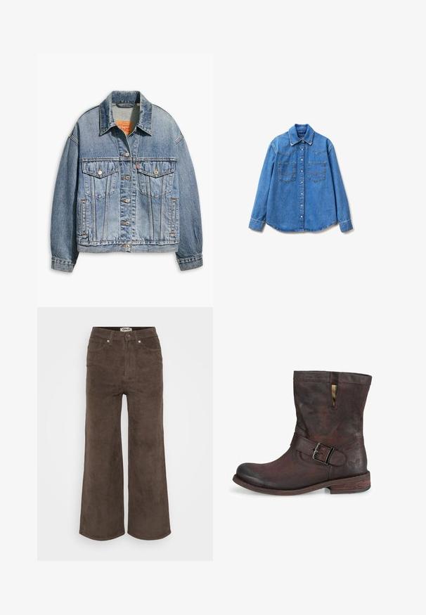Veste en denim bleu clair avec un devant à boutons classique, deux poches poitrine, coupe oversize et des coutures orange contrastées.; Chemise en denim bleu à manches longues avec boutons-pression sur le devant, deux poches poitrine et col pointu, étalée à plat sur fond blanc.; Pantalons larges en velours côtelé marron avec une texture en côtes, cinq poches et une fermeture à bouton à l'avant. Présente une étiquette au niveau de la taille.; Botte de cheville en cuir marron avec un bout arrondi, détail de boucle et finition texturée. Elle présente un accent cousu et un petit talon empilé.