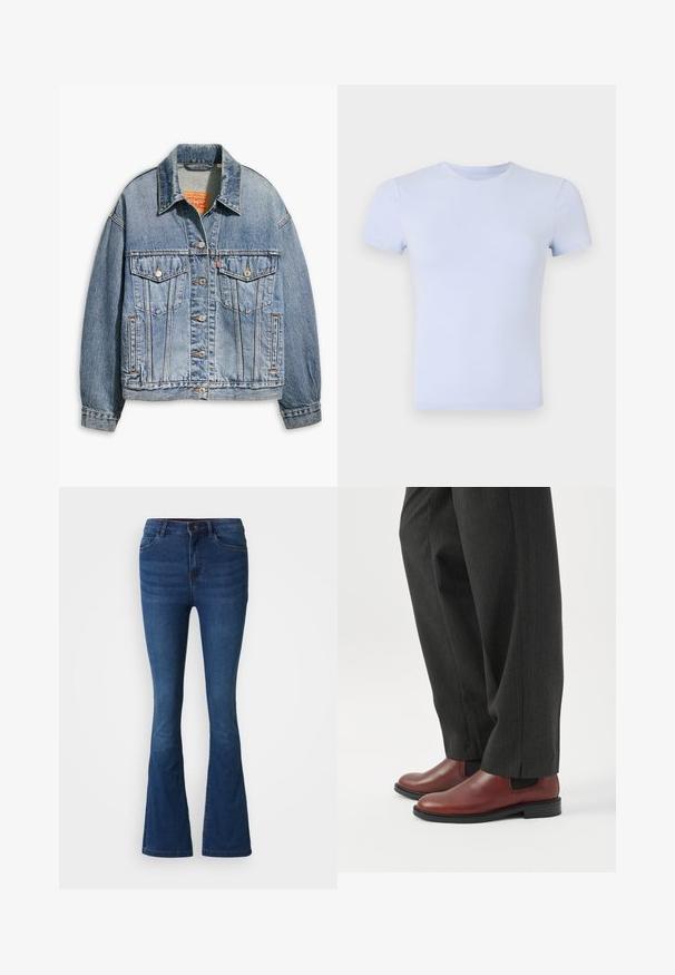 Lyseblå denimjakke med klassisk knaplukning foran, to brystlommer, oversized pasform og kontrastfarvet orange syning.; Good American SUPER STRETCH BABY TEE - T-shirts basic - periwinkle; Mørkeblå denim flare jeans med for- og baglommer, knap- og lynlåslukning samt slidte detaljer på lår og knæ.; Person iført mørkegrå bukser med lige ben og brune lædersko uden snøre, stående på et hvidt gulv.