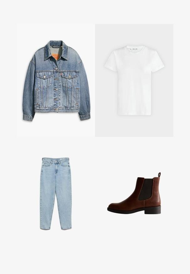 Lyseblå denimjakke med klassisk knaplukning foran, to brystlommer, oversized pasform og kontrastfarvet orange syning.; En simpel hvid T-shirt med korte ærmer og rund hals lagt fladt på en lys grå baggrund, hvor forsiden med label inde i halsen vises.; Lyseblå højtsiddende denimjeans med forlommer, bæltestropper, knaplukning og tilspidsede ben på en hvid baggrund.; Brun læder ankelstøvle med elastiske sidepaneler, rund tå og en lav blockhæl. Har kontrastsyngninger og en pull-tab.