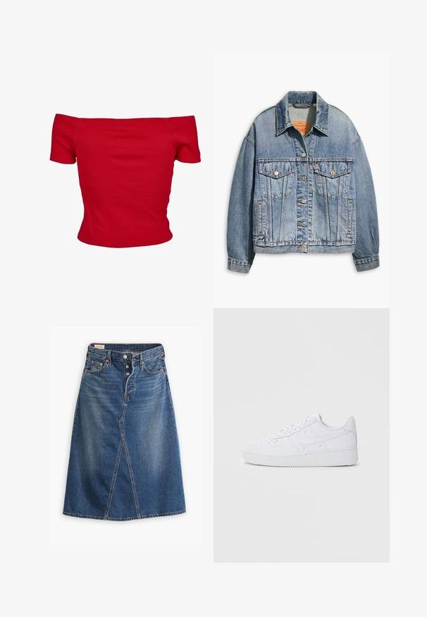 Lyseblå denimjakke med klassisk knaplukning foran, to brystlommer, oversized pasform og kontrastfarvet orange syning.; Rød off-shoulder top lavet af ribbet stof, med korte ærmer og tætsiddende design. Glat tekstur, ensfarvet uden mønstre.; Denimnederdel i medium vask blå med A-linjeform, frontslids, fem lommer og knaplukning i taljen.; Hvide Nike Air Force 1 sneakers med læderoverdel, rund tå, snørelukning, polstret krave og struktureret gummisål.