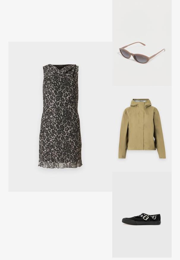 Veste imperméable beige à capuche avec fermeture éclair frontale intégrale dissimulée par une patte coupe-vent et boutons-pression réglables aux poignets.; Robe courte sans manches en tissu léger avec un motif léopard gris et noir. Dotée d'un col drapé et d'un ourlet festonné.; Vans MARY JANE - Ballerines - black; Lunettes de soleil ovales marron avec verres à dégradé foncé et branches fines, nom de la marque "Vogue" visible sur la monture et les branches.