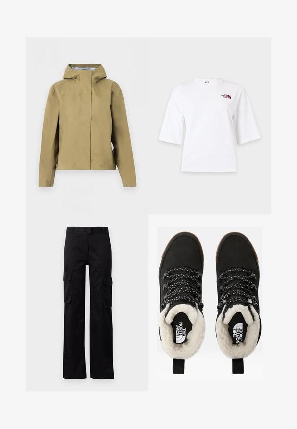Beige vandtæt hættetrøjejakke med fuld lynlås foran skjult af stormklap og justerbare manchetknapper.; Hvid T-shirt med korte ærmer, rund hals og lille vinrødt logo på øverste venstre bryst.; Sorte cargo bukser lavet af slidstærkt stof, med to sidelommer og et lige ben-design. Glat tekstur med en klassisk pasform.; Sorte vandtætte ankelstøvler med for af faux pels, tekstureret stof, snørebånd med hvidt og sort mønster samt en løkker ved hælen.