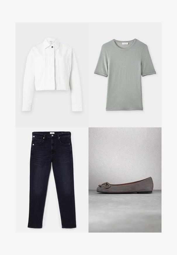 Chaqueta blanca recortada de manga larga con cuello y cierre de un solo botón negro visible sobre fondo liso.; Camiseta de manga corta y cuello redondo en gris claro, hecha de una tela suave con una textura lisa y costuras sutiles en las mangas y el cuello.; Jeans de mezclilla azul oscuro con un diseño de pierna recta, cinco bolsillos y herrajes metálicos en la cintura y los bolsillos. Textura suave.; Bailarinas de ante gris con puntera redonda, adorno de cuerda anudada y un sutil ribete en contraste a lo largo del borde. Suela plana y flexible.
