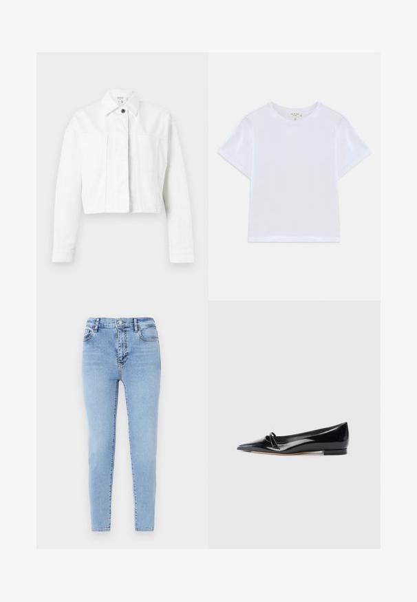 Witte cropped lange mouwen jas met kraag en een enkele zichtbare zwarte knoopsluiting op effen achtergrond.; Witte cropped t-shirt van zacht katoen, met een ronde hals en korte mouwen in een iets ontspannen pasvorm. Geen patronen of accenten.; Lichtblauwe, high-waisted jeans met een slim fit. Gemaakt van denim met een subtiele textuur, met een sluiting met knoop aan de voorkant en achterzakken.; Zwarte gepatenteerde leren platte schoen met een puntige neus, een kleine decoratieve band en een lage blokhak. Gladde textuur en strak ontwerp.