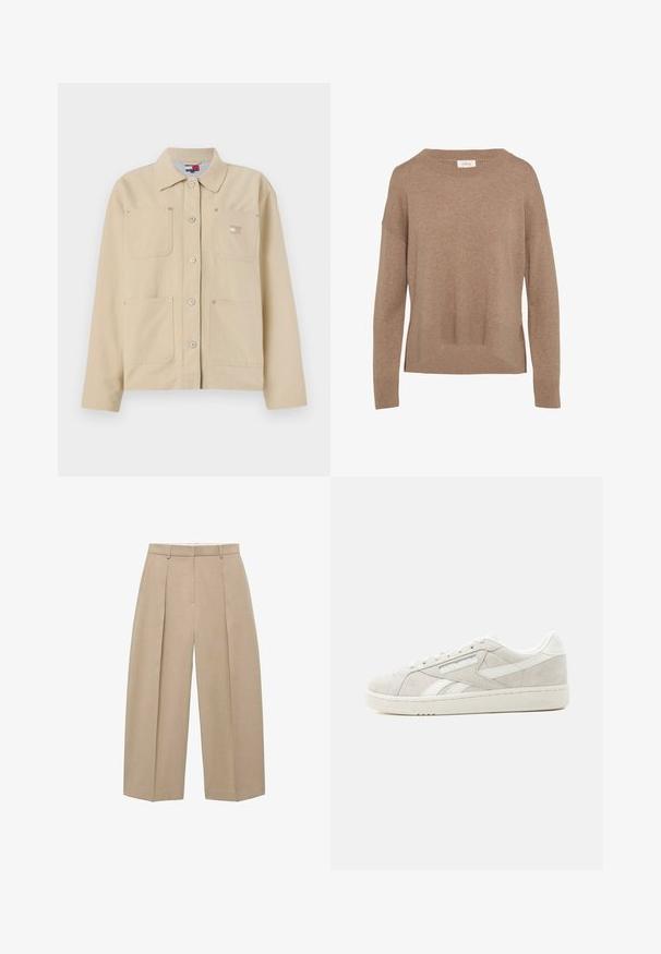 Veste en toile beige avec un col pointu, fermeture à boutons sur le devant, deux poches poitrine et un petit logo en patch. Texture douce et design ajusté.; Pull en tricot beige avec un col rond, des épaules tombantes et un ourlet côtelé. Présente des fentes sur les côtés pour plus de confort et de liberté de mouvement.; Un pantalon large beige suspendu verticalement, avec des plis avant et une taille plate, mettant en avant un style neutre et élégant.; Baskets basses en daim gris clair avec des accents blancs, des lacets et une semelle texturée sur un fond clair uni.