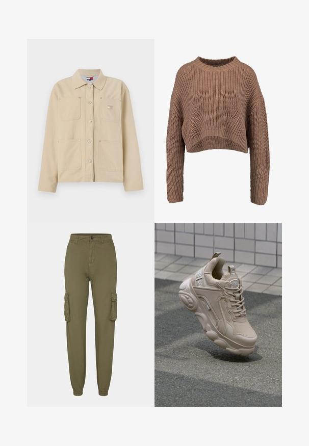 Beige lærredjakke med spidse kraver, frontlukning med knapper, to brystlommer og et lille logo-patch. Blød tekstur og skræddersyet design.; Brun strikket cropped sweater med ribbet struktur, brede ærmer og rund hals. Blødt, chunky materiale med en afslappet pasform.; Olivengrønne cargo bukser lavet af blødt stof, med to sidelommer, elastiske manchetter og lukning med frontknap.; Beige atletisk sko med overdel i mesh og syntetisk materiale, polstret krave og kraftig sål med strukturerede detaljer. Branding synlig på siden.