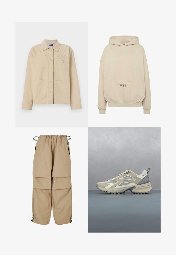 Beige Leinensakko mit spitzem Kragen, vorderer Knopfverschluss, zwei Brusttaschen und einem kleinen Logo-Patch. Weiche Textur und maßgeschneiderte Passform.; Beiger Hoodie mit Fronttasche, gerippten Bündchen und Kordelzugkapuze. "PECADOR PGDR" Schriftzug auf dem Taschenbereich.; Beige Cargo-Hosen mit elastischem Bund, geschichteter Optik und seitlichen Taschen. Verfügt über verstellbare Bündchen mit Toggle-Verschlüssen für eine anpassbare Passform.; Beiger und grauer Sportschuh mit strukturierter Sohle, Schnürsenkeln und Calvin Klein-Logo, der über einer Außenfläche aus Holz- und Kiesfliesen platziert ist.