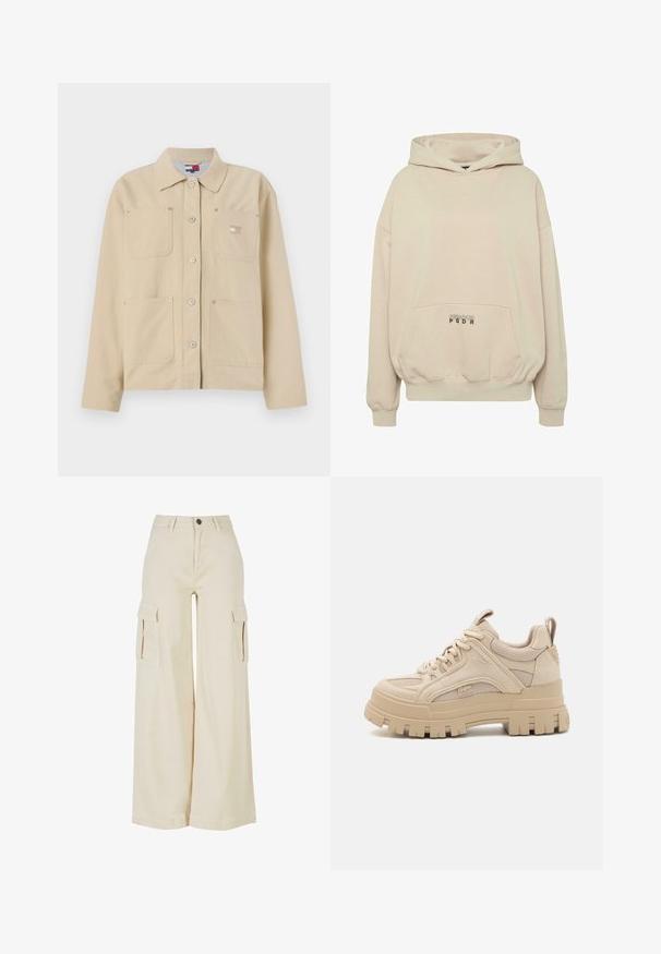 Beige lærredjakke med spidse kraver, frontlukning med knapper, to brystlommer og et lille logo-patch. Blød tekstur og skræddersyet design.; Beige hættetrøje med en forlomme, ribbede manchetter og snøre i hætten. "PECADOR PGDR" tekst trykt på lommedelen.; Beige cargo bukser med vidde, lavet af bomuld, med to store sidelommer, lukning med knap foran og en ren kant.; Beige chunky sneakers med en blanding af mesh og ruskind, med en tyk sål og fremtrædende slidbane, snørebåndsdesign og brandingdetalje.