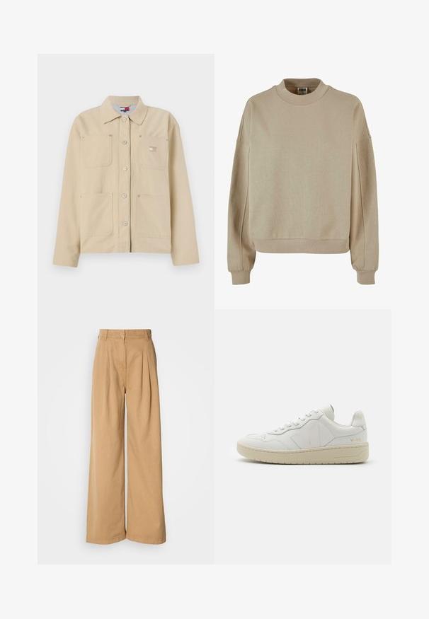 Veste en toile beige avec un col pointu, fermeture à boutons sur le devant, deux poches poitrine et un petit logo en patch. Texture douce et design ajusté.; Sweatshirt beige avec un col montant, des poignets côtelés et une coupe décontractée. Le matériau semble doux avec une finition texturée.; Pantalons à jambe large en coton beige, avec des plis à la taille, une taille haute et une texture lisse. Pas de matériel visible ni de motifs.; Baskets en cuir blanc avec une boîte à orteils perforée, semelle en caoutchouc beige contrastante et accents de logo sur le côté et le talon. Design minimaliste.