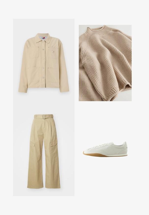 Beige lærredjakke med spidse kraver, frontlukning med knapper, to brystlommer og et lille logo-patch. Blød tekstur og skræddersyet design.; Strikket sweater i lys beige med en ribbestrikket tekstur, udstyret med en høj krave og en bred, afslappet silhuet. Markeret med en struktureret syning.; Beige cargo bukser med vid ben, lavet af letvægtsstof. Har en bæltestrop i taljen, to sidelommer og markante frontfold.; Hvid lav sneaker med brun gummisål, syningsdetaljer, snørelukning foran og broderet logo på siden.