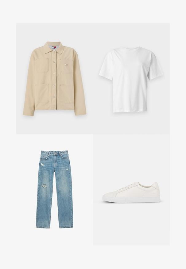 Veste en toile beige avec un col pointu, fermeture à boutons sur le devant, deux poches poitrine et un petit logo en patch. Texture douce et design ajusté.; T-shirt blanc uni à manches courtes et col rond, présenté à plat sur un fond gris clair.; Jean bleu clair, coupe droite en denim. Présente des déchirures effilochées sur le devant, une texture décolorée et cinq poches avec des accessoires en métal.; Baskets en cuir blanc avec une texture lisse, bout arrondi, devant à lacets et semelle plate en caoutchouc. Design simple sans motifs ni accents.