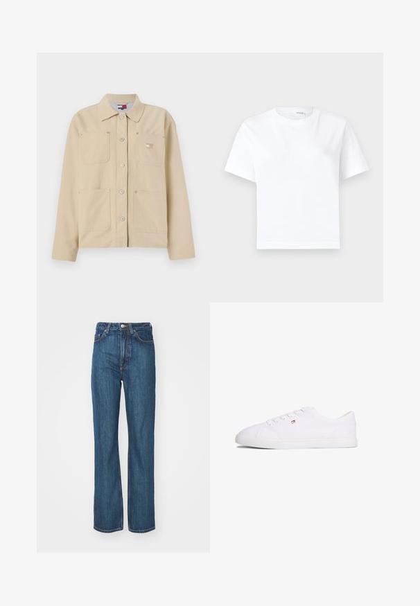 Veste en toile beige avec un col pointu, fermeture à boutons sur le devant, deux poches poitrine et un petit logo en patch. Texture douce et design ajusté.; T-shirt blanc uni en coton à manches courtes, col rond et ourlet droit, présenté sur fond blanc.; Jean en denim bleu avec une coupe droite, doté d'une fermeture par bouton, de passants pour ceinture et de plusieurs détails de poches. Texture subtile.; Baskets blanches basses à fermeture à lacets avec petit logo rouge, blanc et bleu sur le côté, semelle plate en caoutchouc.