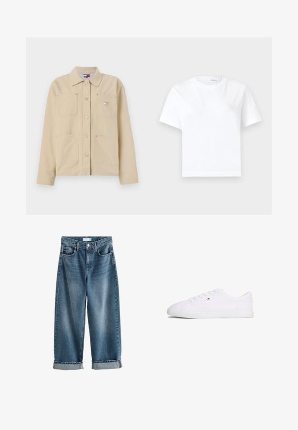 Beige Leinensakko mit spitzem Kragen, vorderer Knopfverschluss, zwei Brusttaschen und einem kleinen Logo-Patch. Weiche Textur und maßgeschneiderte Passform.; Einfaches weißes kurzärmeliges Baumwoll-T-Shirt mit rundem Ausschnitt und geradem Saum, dargestellt auf weißem Hintergrund.; Blaue Denim-Boyfriend-Jeans mit Umschlägen, vorderem Knopf- und Reißverschluss sowie sichtbaren Vordertaschen.; Weißer Sneaker mit niedrigem Schaft, Schnürverschluss und kleinem rot-weiß-blauem Logo an der Seite, flache Gummisohle.