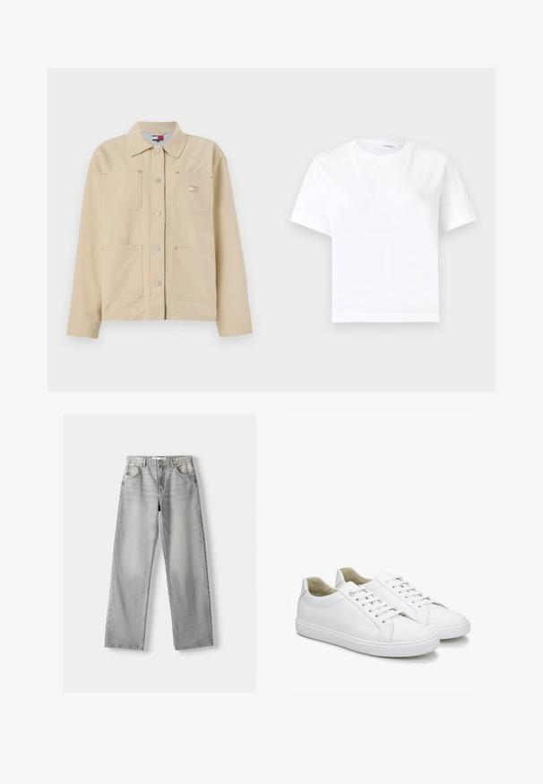 Beige Leinensakko mit spitzem Kragen, vorderer Knopfverschluss, zwei Brusttaschen und einem kleinen Logo-Patch. Weiche Textur und maßgeschneiderte Passform.; Einfaches weißes kurzärmeliges Baumwoll-T-Shirt mit rundem Ausschnitt und geradem Saum, dargestellt auf weißem Hintergrund.; Helle graue Jeans aus Denim mit geradem Bein, ausgestattet mit zwei vorderen Taschen, einem Knopfverschluss und subtilen Abnutzungen für Struktur.; Weiße Ledersneaker mit glatter Textur, runder Spitze und flachen Gummisohlen. Verfügen über Schnürsenkel und ein minimalistisches Design ohne Muster.